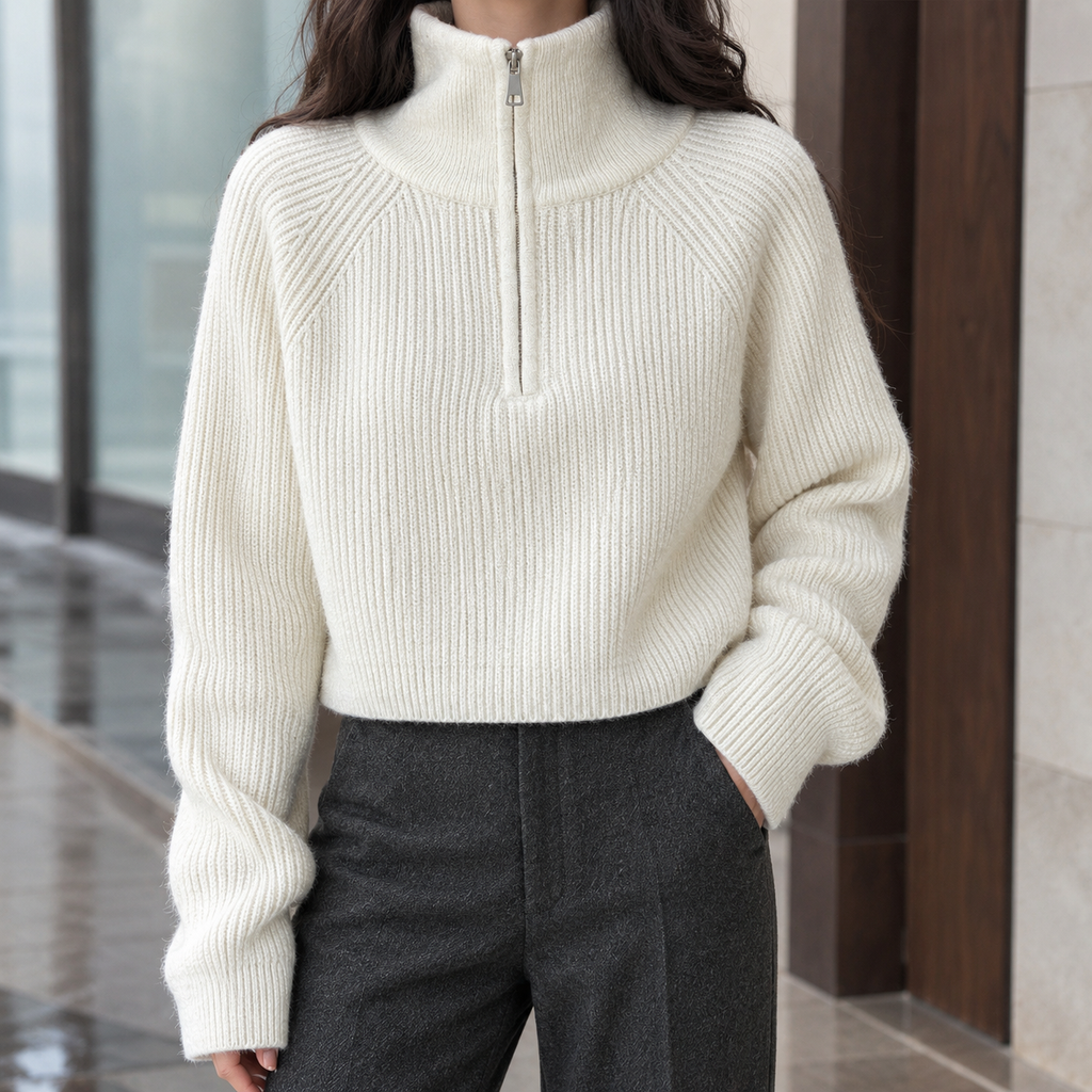 Women's Cropped Half-Zip Sweater – Ribbed, Raglan Sleeves – view 1
