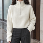 Women's Cropped Half-Zip Sweater – Ribbed, Raglan Sleeves – view 1