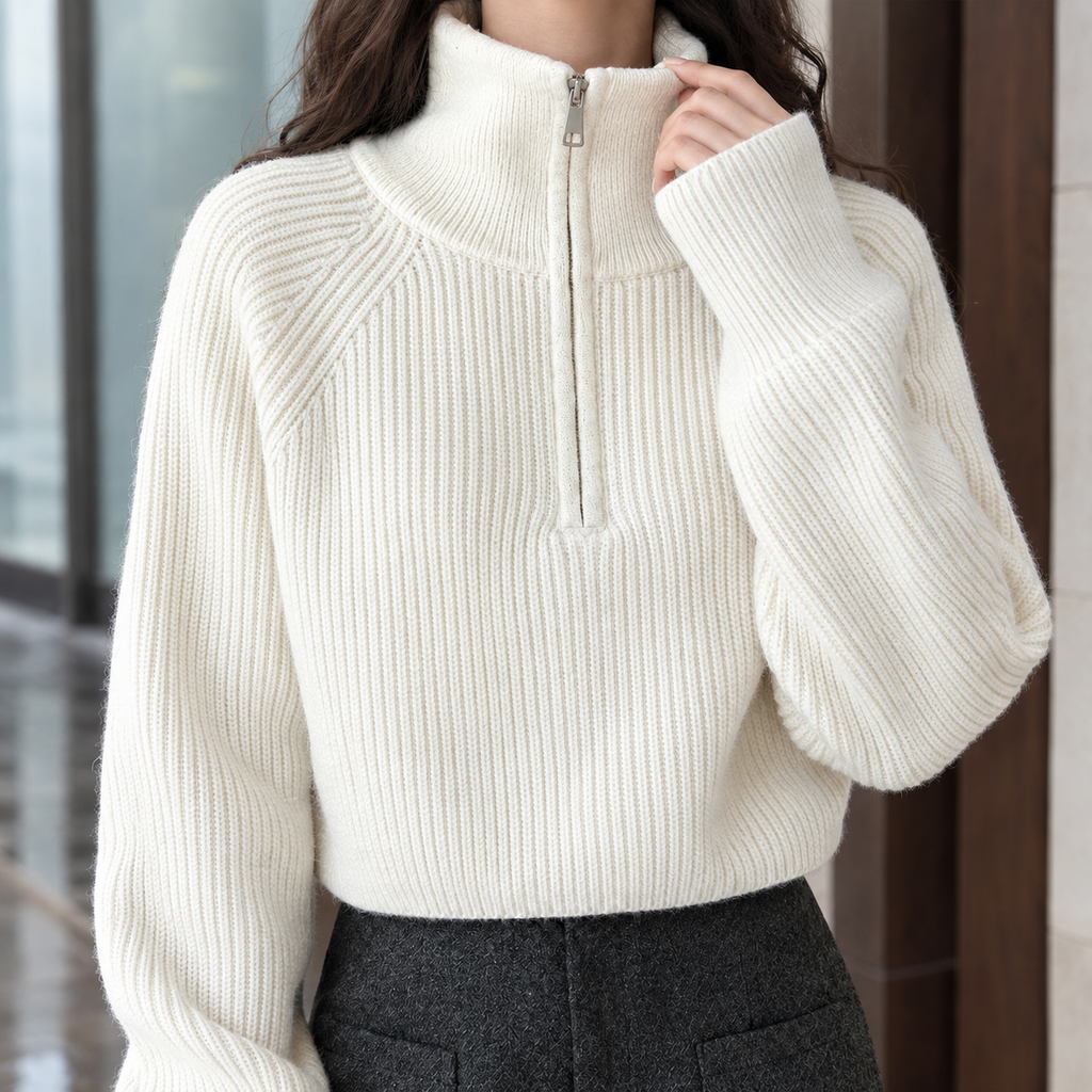 Women's Cropped Half-Zip Sweater – Ribbed, Raglan Sleeves – view 2