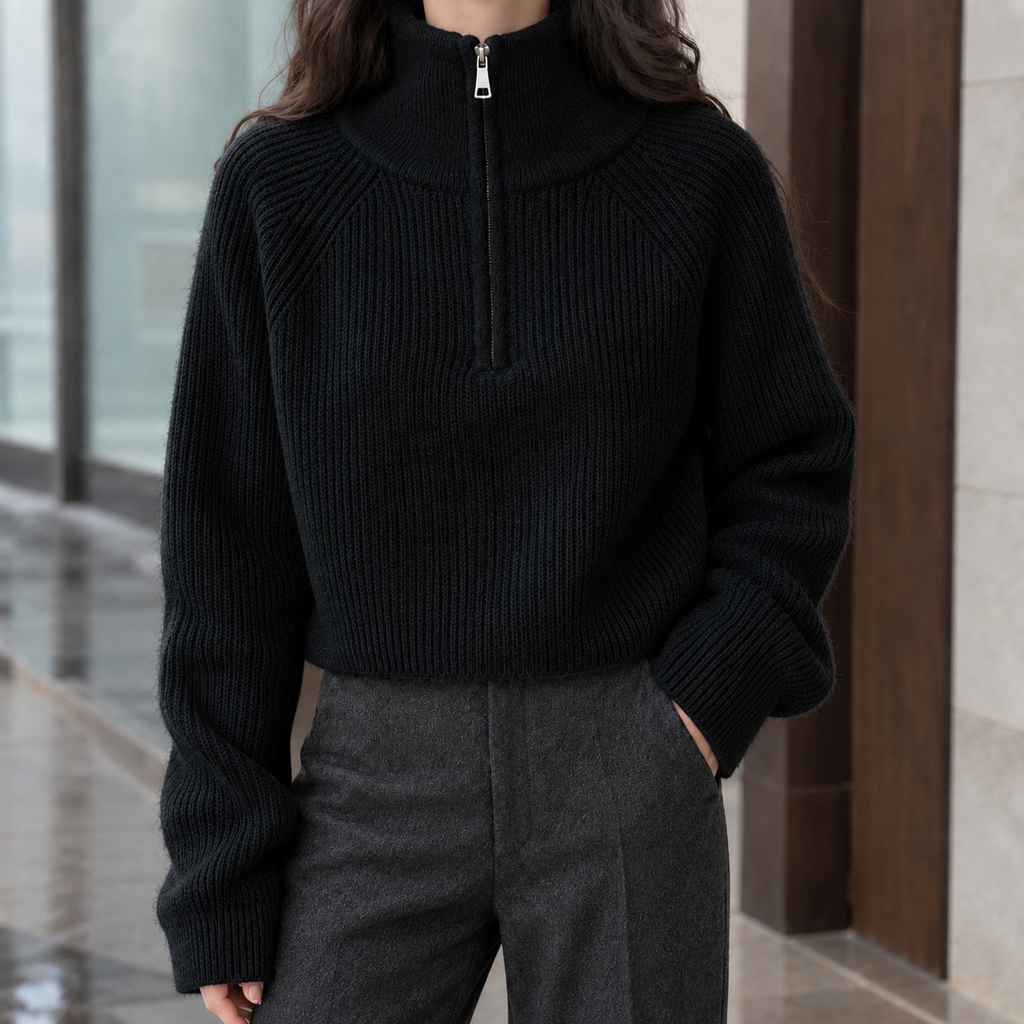 Women's Cropped Half-Zip Sweater in Black – Ribbed, Raglan Sleeves
