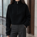 Women's Cropped Half-Zip Sweater in Black – Ribbed, Raglan Sleeves