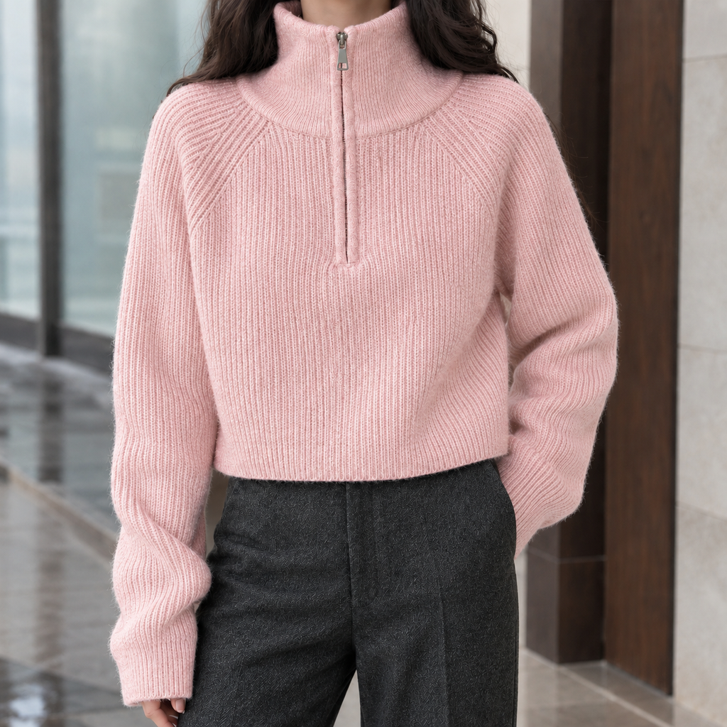 Women's Cropped Half-Zip Sweater – Ribbed, Raglan Sleeves – view 7