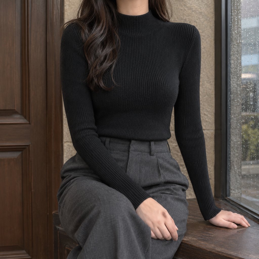 Women's Mock-Neck Sweater in Black – Fitted, Ribbed