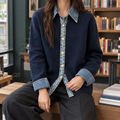 Women's Collared Knit Cardigan in Navy – Denim Trim, Gold-Tone Buttons