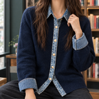 Women's Collared Knit Cardigan – Denim Trim, Gold-Tone Buttons – view 2