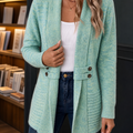 Women's Long Shawl-Collar Cardigan in Light Green – Ribbed, Buttoned Tabs