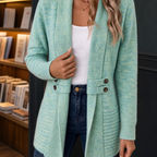 Women's Long Shawl-Collar Cardigan in Light Green – Ribbed, Buttoned Tabs