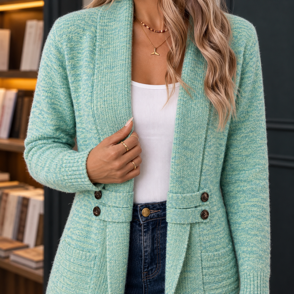 Women's Long Shawl-Collar Cardigan – Ribbed, Buttoned Tabs – view 2