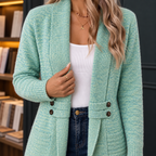 Women's Long Shawl-Collar Cardigan – Ribbed, Buttoned Tabs – view 2