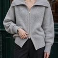 Women's Zip-Up Cardigan in Gray – Two-Way Zip, Wide Ribbed Collar