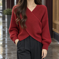 Women's Crossover Sweater in Red – Ribbed, Angled Wrap Hem
