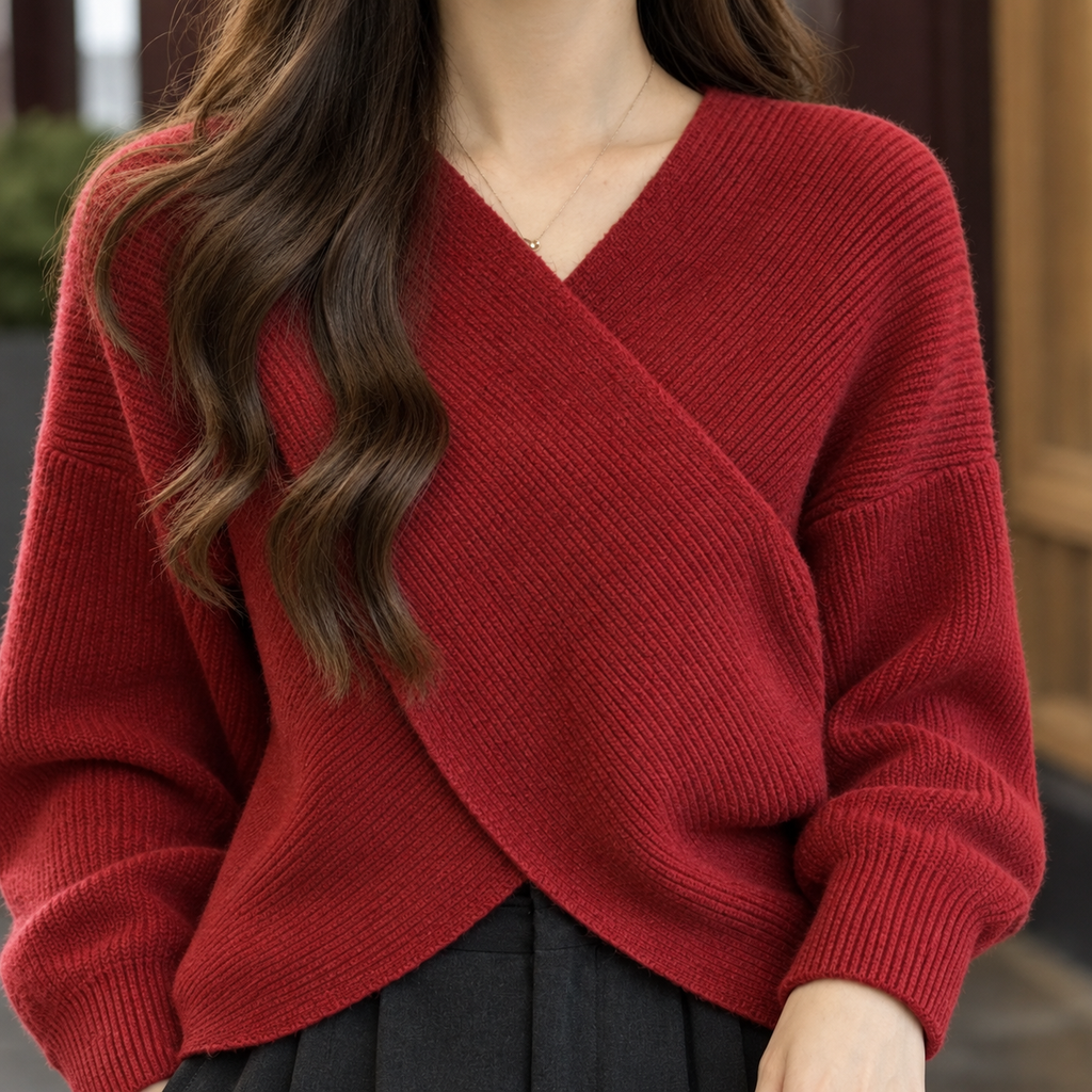 Women's Crossover Sweater – Ribbed, Angled Wrap Hem – view 2