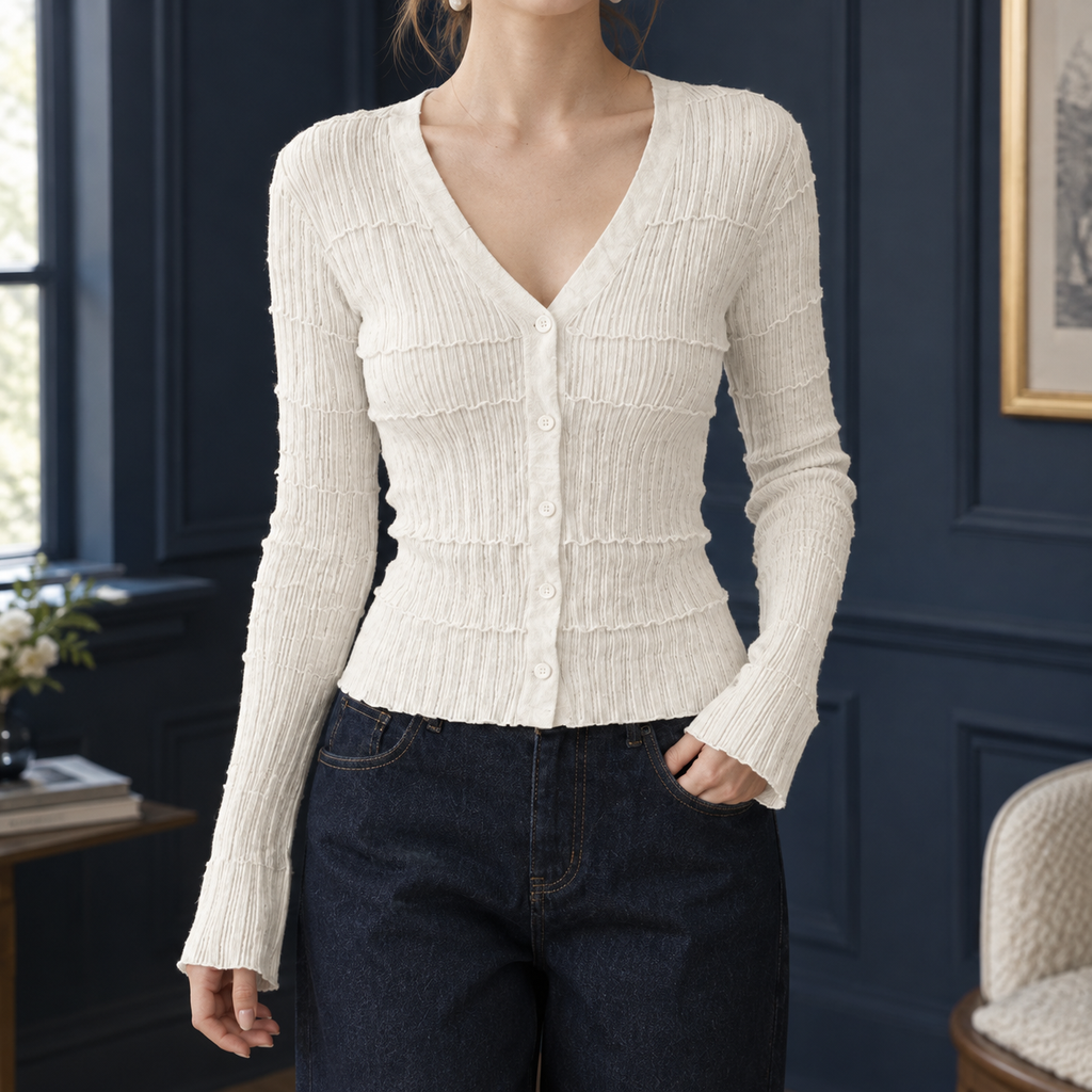 Women's V-Neck Cardigan in White – Fitted, Textured, Flared Cuffs