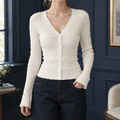 Women's V-Neck Cardigan in White – Fitted, Textured, Flared Cuffs