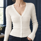 Women's V-Neck Cardigan – Fitted, Textured, Flared Cuffs – view 2