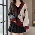 Women's Argyle Sweater in Red – V-Neck, Lace Trim, Ribbon Bow