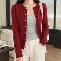 Women's Crewneck Cardigan in Red – Slim Fine Knit, Ribbed Trims