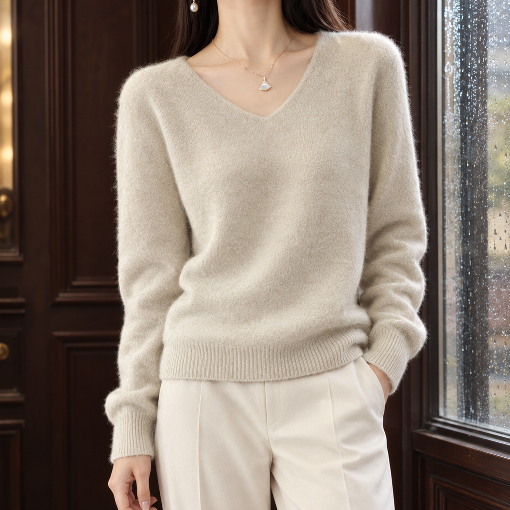Women's V-Neck Sweater in Light Beige – Brushed Knit, Long Ribbed Cuffs