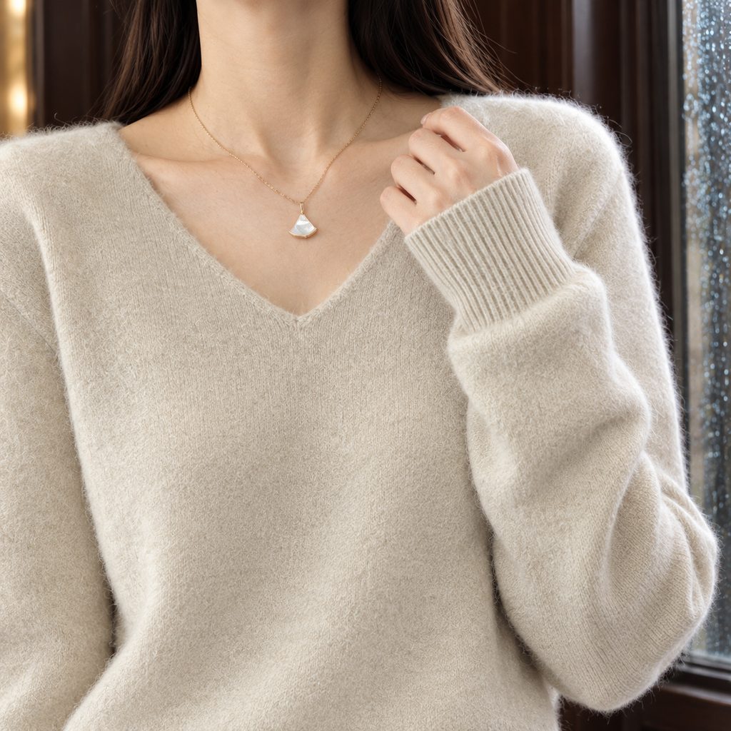 Women's V-Neck Sweater – Brushed Knit, Long Ribbed Cuffs – view 2
