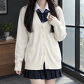 Women's V-Neck Cardigan in White – Button Front, Two Patch Pockets