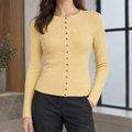 Women's Ribbed Crewneck Cardigan in Yellow – Fitted, Small Buttons