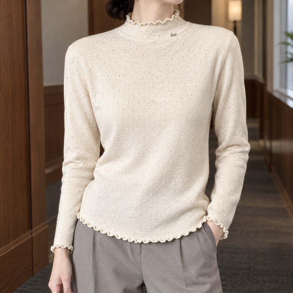 Women's Pointelle Sweater in Cream – Mock Neck, Lettuce-Edge Trim