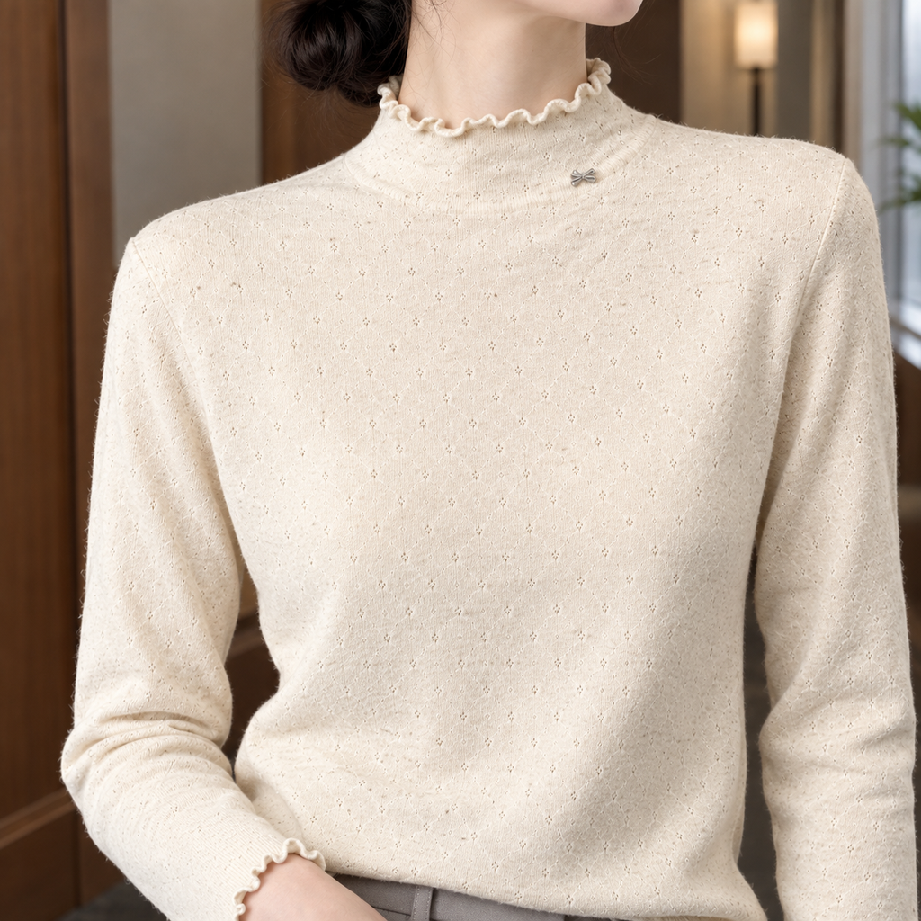 Women's Pointelle Sweater – Mock Neck, Lettuce-Edge Trim – view 2