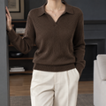 Women's Polo Sweater in Brown – Ribbed, Open V-Neckline
