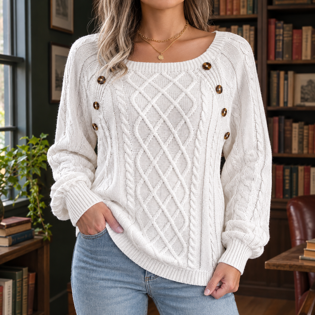 Women's Square-Neck Sweater in White – Cable Knit, Raglan Button Detail