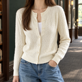 Women's Cable Knit Cardigan in Ivory – Fine Knit, Crewneck, Tonal Buttons