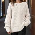 Women's Oversized Cable Knit Sweater in Ivory – Split Neckline