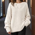 Women's Oversized Cable Knit Sweater in Ivory – Split Neckline