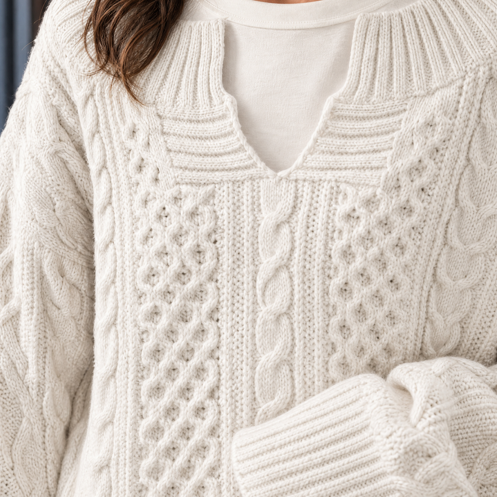 Women's Oversized Cable Knit Sweater – Split Neckline – view 2