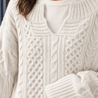 Women's Oversized Cable Knit Sweater – Split Neckline – view 2