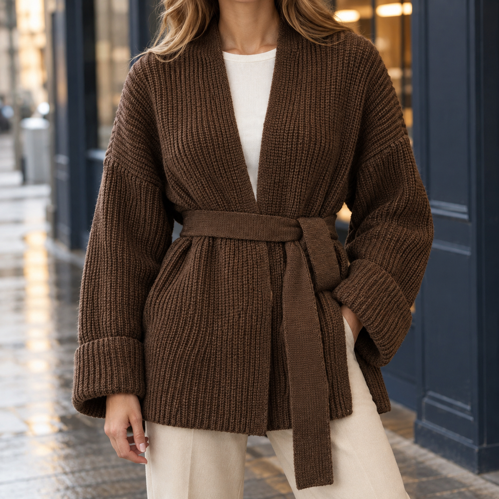 Women's Chunky Wrap Cardigan in Brown – Ribbed, Tie Belt