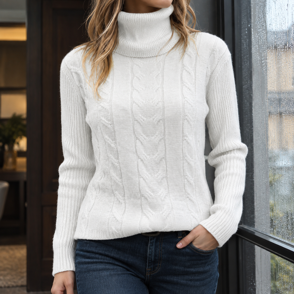 Women's Cable Knit Turtleneck Sweater in White – Ribbed Sleeves