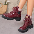 Women's Platform Ankle Boots in Wine Red – Patent Finish, Padded Collar