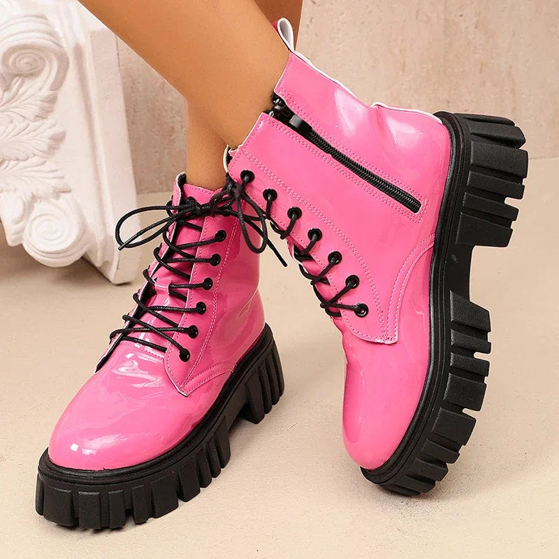 Women's Combat Boots – Patent Finish, Inside Zipper – view 2