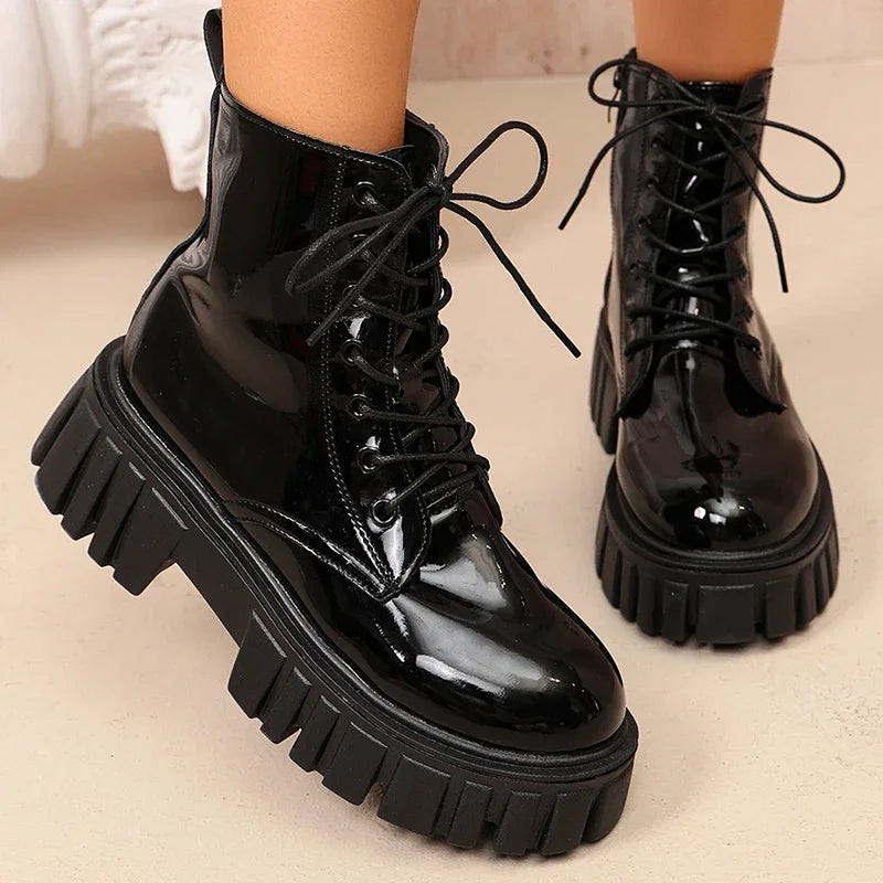 Women's Combat Boots in Black – Patent Finish, Inside Zipper