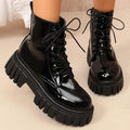 Women's Combat Boots in Black – Patent Finish, Inside Zipper