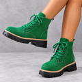 Women's Combat Boots in Green – Faux Suede, Lace-Up, Contrast Stitching