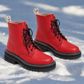 Women's Lace-Up Boots in Red – Pebble Texture, Contrast Stitching