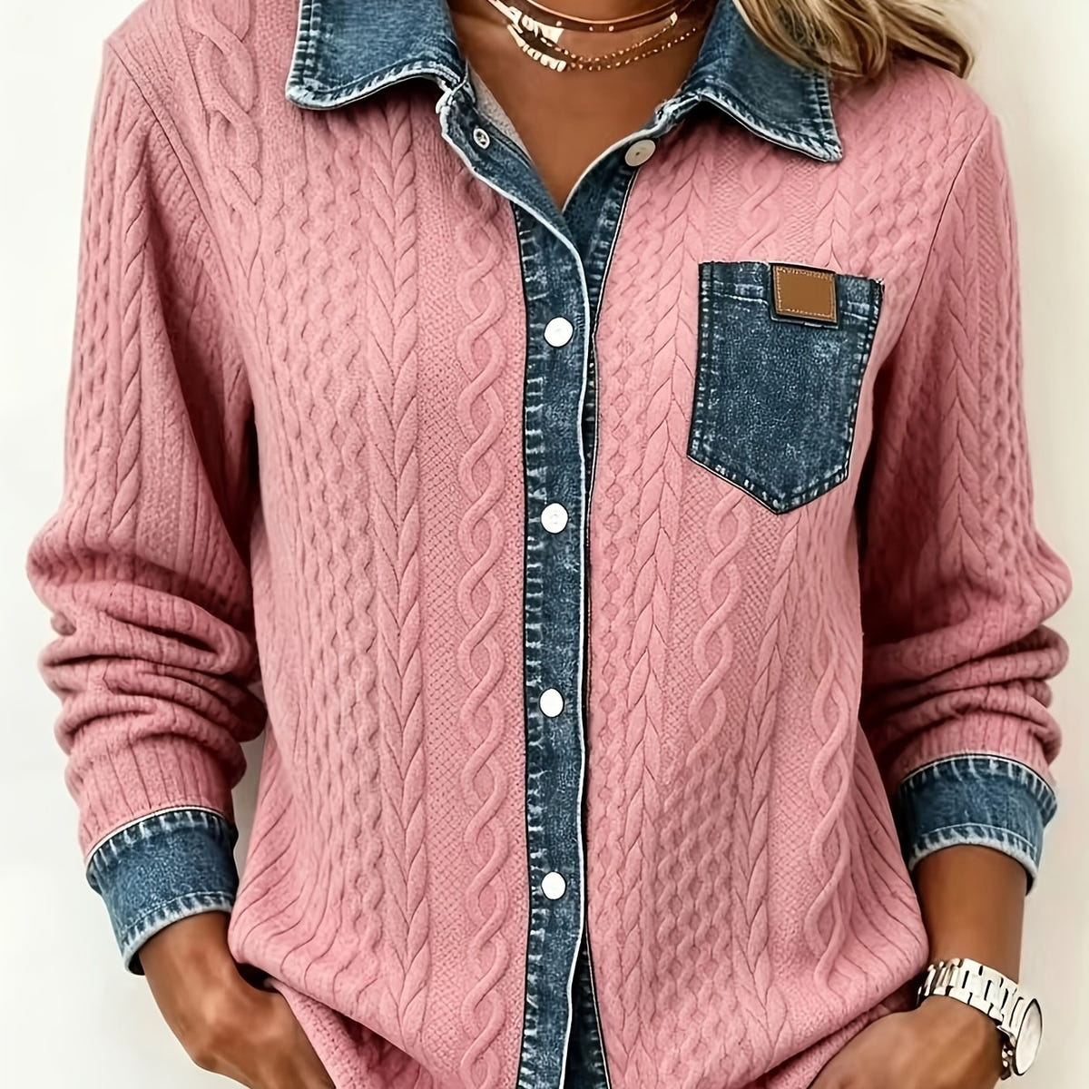 Women's Button-Up Shirt in Pink – Textured, Contrast Trim