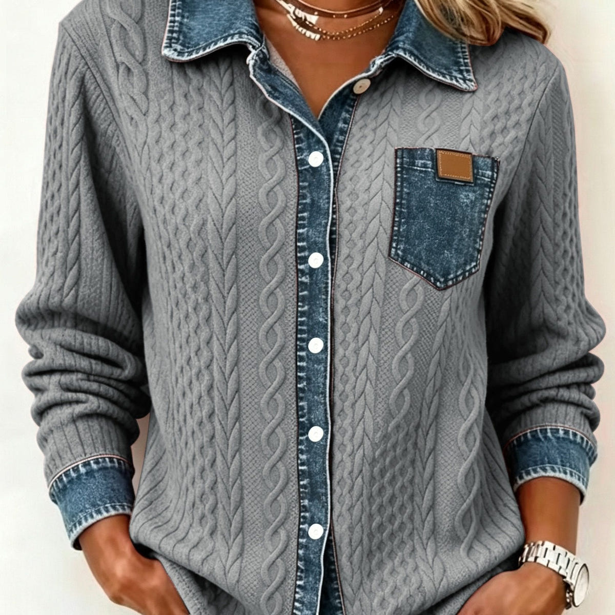 Women's Button-Up Shirt in Gray – Textured, Contrast Trim