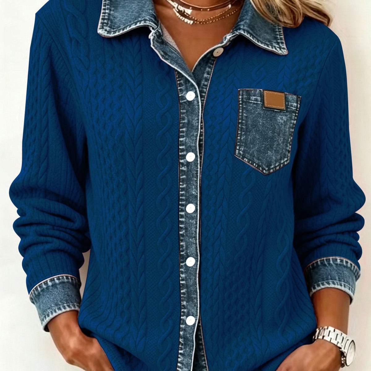Women's Button-Up Shirt in Blue – Textured, Contrast Trim