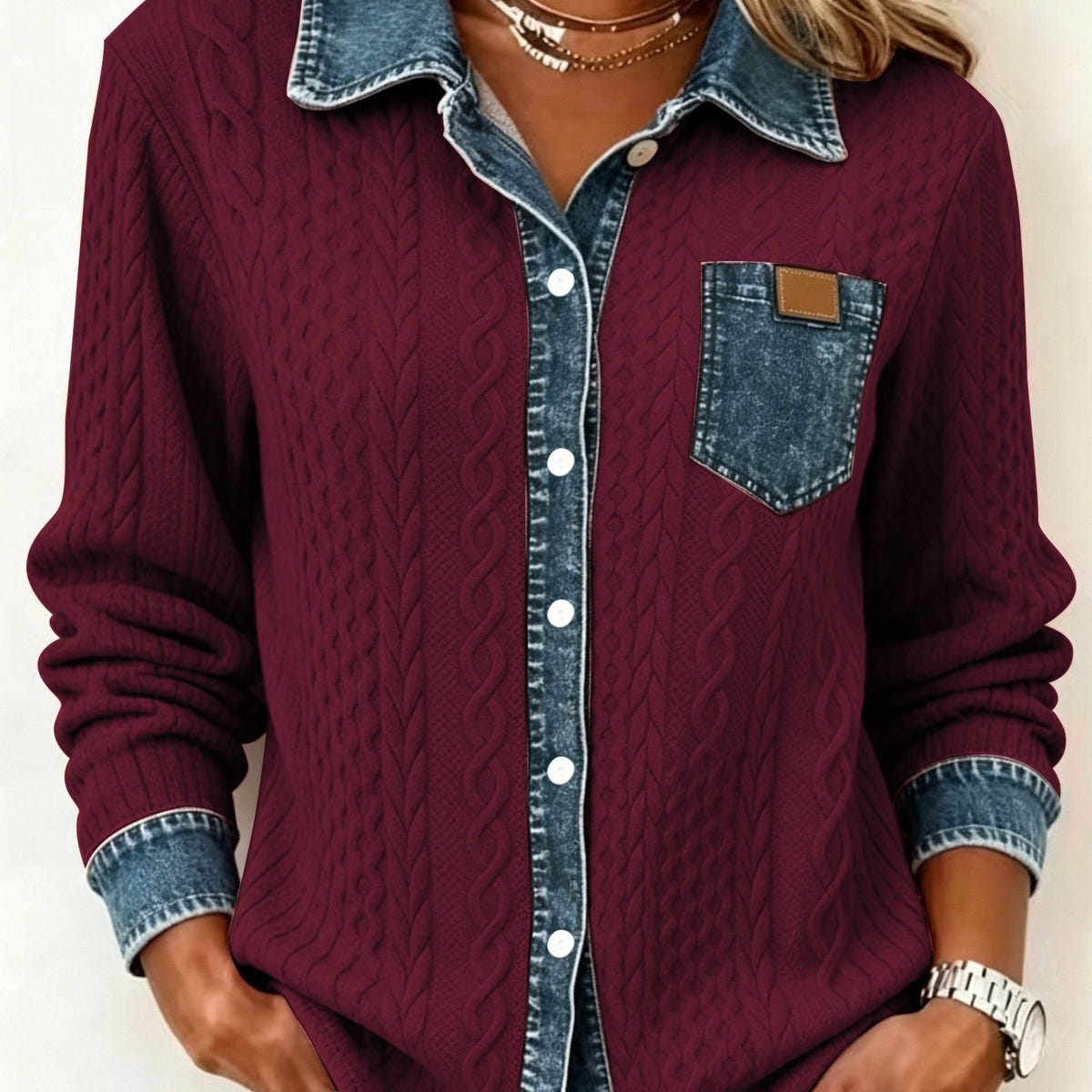 Women's Button-Up Shirt in Burgundy – Textured, Contrast Trim