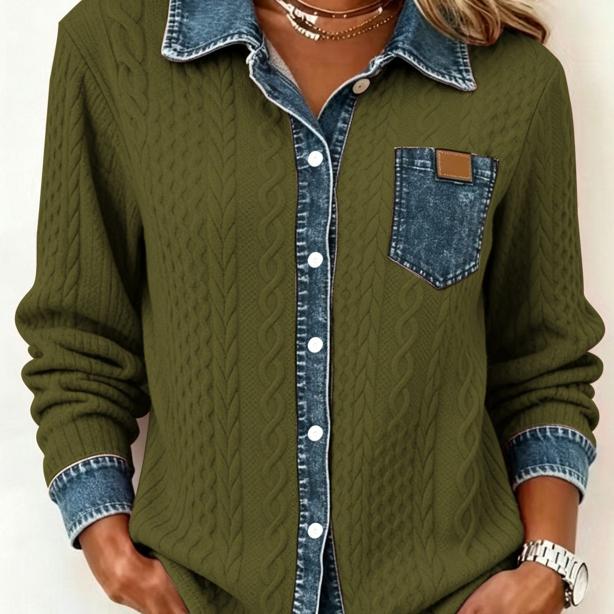 Women's Button-Up Shirt in Olive Green – Textured, Contrast Trim