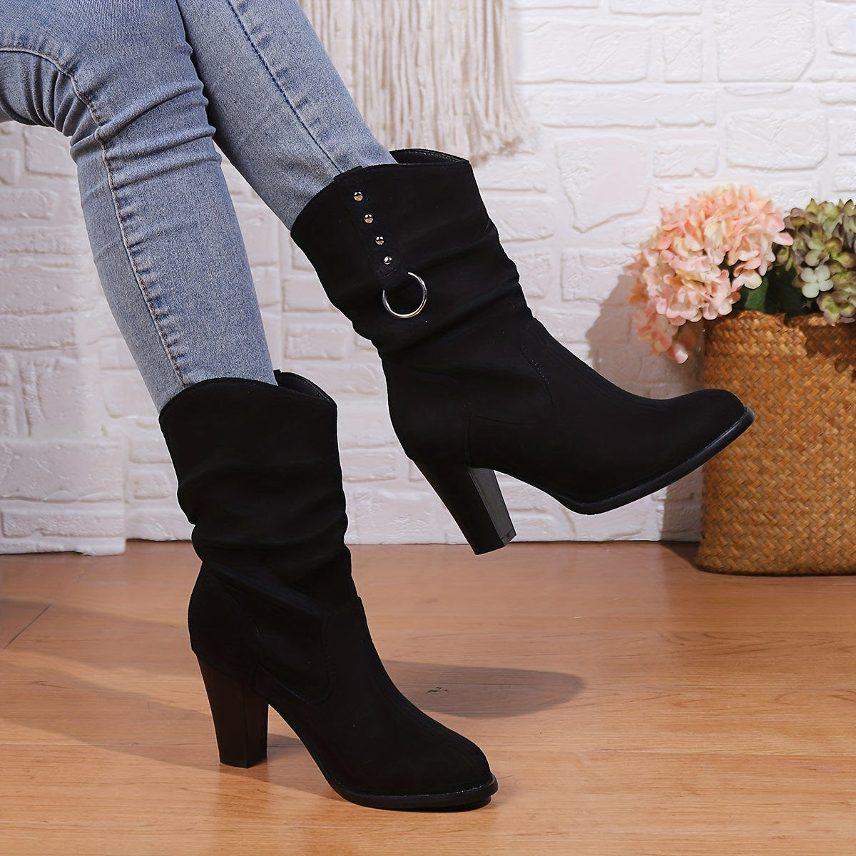 Women's Western Ankle Boots in Black – Slouchy, Block Heel