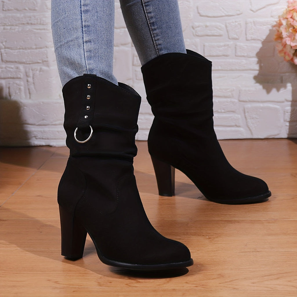 Women's Western Ankle Boots – Slouchy, Block Heel, Black – view 2