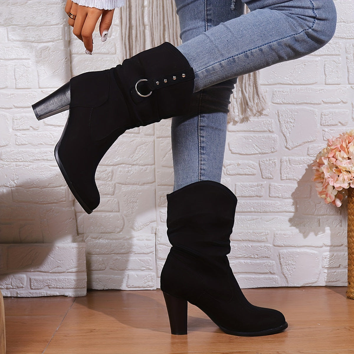 Women's Western Ankle Boots – Slouchy, Block Heel, Black – view 3